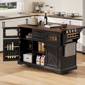 K&K 54.9  Kitchen Island With Drop Leaf, Power Outlet, Kitchen Storage Cart With 4 Door Shelves, Cross Barn Doors & Visual Glass Door, Rolling Ki (Option: Black)