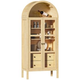Modern Arched Cabinet With Glass Doors,72  Tall Auto Sensor Light Farmhouse Arch Storage Cabinet With Height Adjustable Shelf And 2 Drawers Displ (Option: OAK)