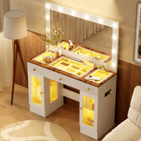 43.3" Makeup Vanity with Large Mirror And Hollywood Bulbs, Glass Top with 3 Drawers and 2 Glass Cabinets with 3 Color Lighting Modes (Color: White)