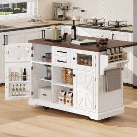 K&K 54.9  Kitchen Island With Drop Leaf, Power Outlet, Kitchen Storage Cart With 4 Door Shelves, Cross Barn Doors & Visual Glass Door, Rolling Ki (Option: White)