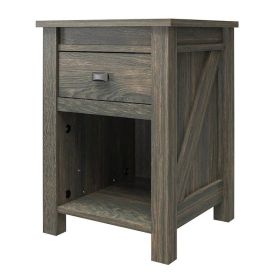 Farmhouse 1-Drawer Bedroom Nightstand with Open Shelf (Color: Grey Oak)