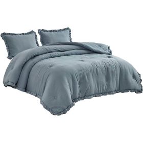 Ruffled Edge Microfiber Comforter Set (Color: Blue, size: King)