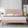 Beige Linen Platform Bed Frame with Button Tufted Headboard