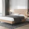 Beige Linen Platform Bed Frame with Button Tufted Headboard