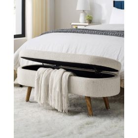 Mid-Century Modern Boho Style Linen Bedroom Storage Bed Bench (Color: Off-White)