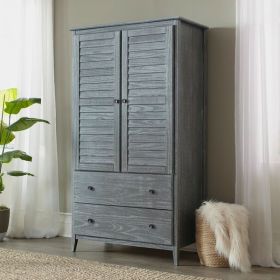 FarmHome Louvered Distressed Solid Pine Armoire (Color: Grey)