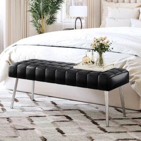 Mid-Century Modern End of Bed Bench with Leather Seat and Tapered Legs (Color: Black)