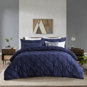 All Season Pleated Hypoallergenic Microfiber Reversible 3 Piece Comforter Set (Color: Navy, size: King)