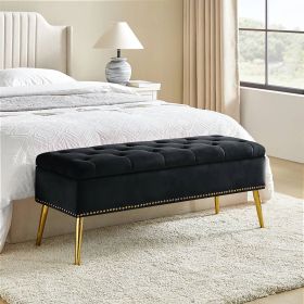 Mid-Century Modern End of Bed Storage Bench with Velvet Seat and Gold Legs (Color: Black)