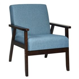 Retro Wide Accent Chair with Espresso Wood Frame (Color: Blue Linen)