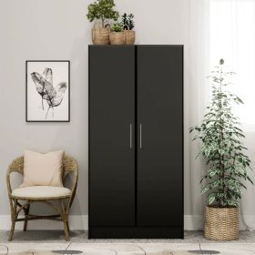 Bedroom Armoire Wardrobe Cabinet with Hanging Rail Wood Finish (Color: Black)