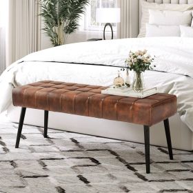 Mid-Century Modern End of Bed Bench with Leather Seat and Tapered Legs (Color: Brown)