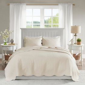 Reversible Scalloped Edges Microfiber Quilt Set (Color: Cream, size: Full/Queen)
