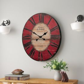 Oversized Distressed Paris Wood Wall Clock (Color: Red)