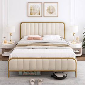 Gold Metal Platform Bed Frame with Off-White Upholstered Headboard (size: Full)