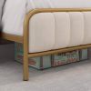 Gold Metal Platform Bed Frame with Off-White Upholstered Headboard