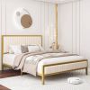Gold Metal Platform Bed Frame with Beige White Upholstered Headboard