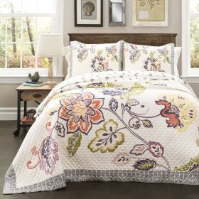 3 Piece Floral Boho Cotton Off-White Navy Pastel Quilt Set (size: Full/Queen)