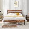 Industrial Platform Bed Frame with Brown Wood Slatted Headboard Footboard