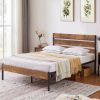 Industrial Platform Bed Frame with Brown Wood Slatted Headboard Footboard