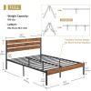 Industrial Platform Bed Frame with Brown Wood Slatted Headboard Footboard
