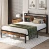 Industrial Platform Bed Frame with Storage Headboard and Power Outlets