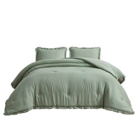 Ruffled Edge Microfiber Comforter Set (Color: Sage Green, size: Full)