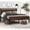 Metal Platform Bed Frame with Mahogany Wood Panel Headboard Footboard