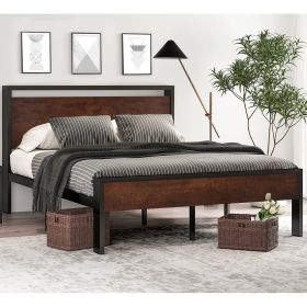 Metal Platform Bed Frame with Mahogany Wood Panel Headboard Footboard (size: Full)