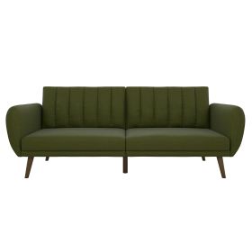 Linen Upholstered Futon Sofa Bed with Mid-Century Style Wooden Legs (Color: Green)
