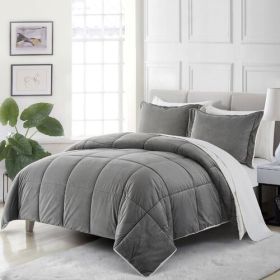 Plush Microfiber Reversible Comforter Set (Color: Grey, size: Queen)