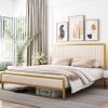 Gold Metal Platform Bed Frame with Beige White Upholstered Headboard