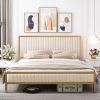 Gold Metal Platform Bed Frame with Beige White Upholstered Headboard