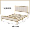 Gold Metal Platform Bed Frame with Beige White Upholstered Headboard