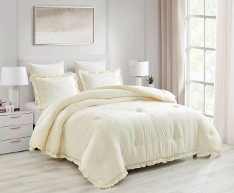 Ruffled Edge Microfiber Comforter Set (Color: Ivory, size: King)