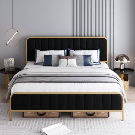Gold Metal Platform Bed Frame with Black Velvet Upholstered Headboard (size: King)
