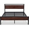 Metal Platform Bed Frame with Mahogany Wood Panel Headboard Footboard