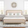 Gold Metal Platform Bed Frame with Off-White Upholstered Headboard