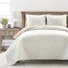 Lightweight Fern Leaf Reversible 3-Piece White Beige Cotton Quilt Set