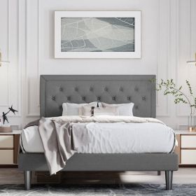 Linen Upholstered Platform Bed with Button-Tufted Headboard (Color: dark grey, size: King)