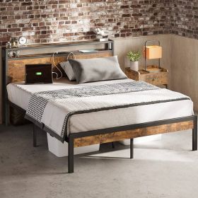 Industrial Platform Bed Frame with Storage Headboard and Power Outlets (size: King)