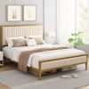 Gold Metal Platform Bed Frame with Beige White Upholstered Headboard