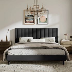 Velvet Upholstered Platform Bed Frame with Headboard (Color: Black, size: King)