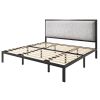 Black Metal Platform Bed Frame with Tall Grey Linen Upholstered Headboard