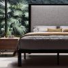 Black Metal Platform Bed Frame with Tall Grey Linen Upholstered Headboard