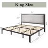 Black Metal Platform Bed Frame with Tall Grey Linen Upholstered Headboard