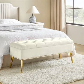 Mid-Century Modern End of Bed Storage Bench with Velvet Seat and Gold Legs (Color: Ivory)
