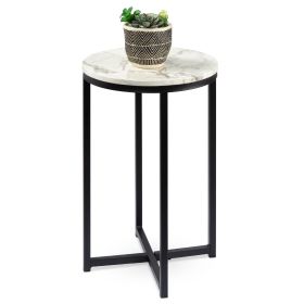 Round Cross Leg Design Coffee Side Table Nightstand with Faux Marble Top (Color: White/Black)