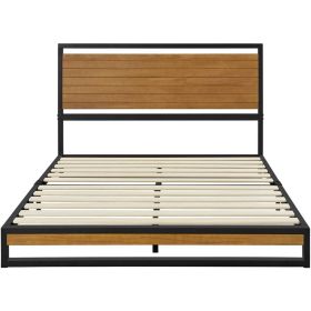 Modern Metal Platform Bed Frame with Solid Brown Wood Slatted Headboard (size: Full)