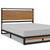 Modern Metal Platform Bed Frame with Solid Brown Wood Slatted Headboard